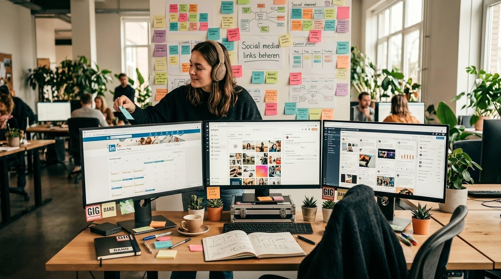 Social media management team working together